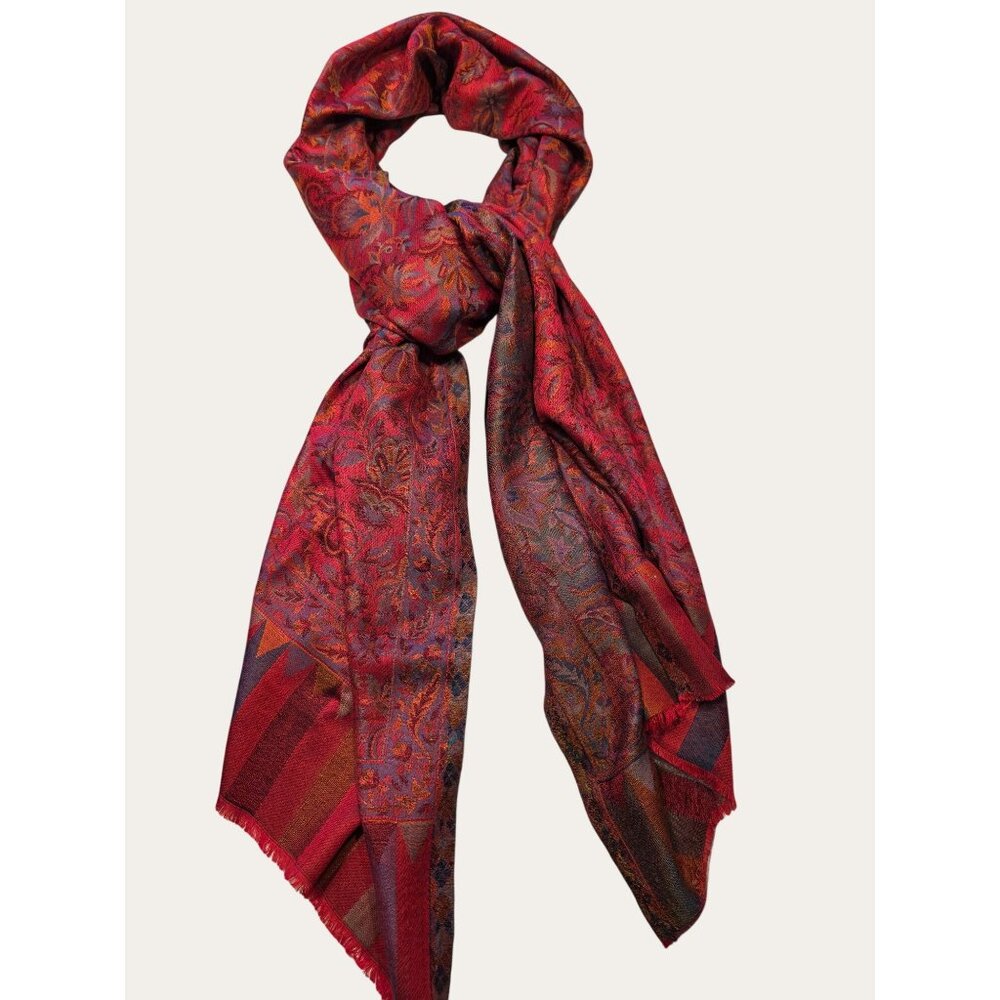 Vintage-Inspired Stole Red & Multicolor Paisley Patterned Woven Scarf or Wrap